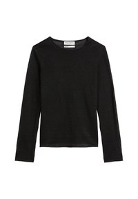 Zwarte langslurf shirt gemaakt van lichtgewicht stof met een ronde hals, normale pasvorm en een schone zoom. Geen zichtbare patronen of versieringen.