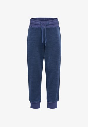 Marineblauwe sportieve joggingbroek gemaakt van zachte stof, met een trekkoord in de taille en ribbelmanchetten bij de enkels. Comfortabele pasvorm.