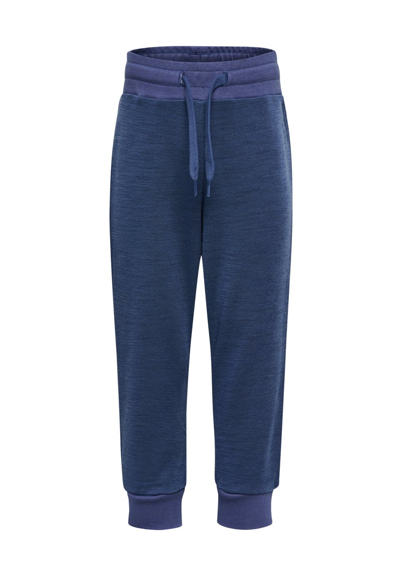 Marinblå atletiska joggerbyxor i mjukt material, med dragsko i midjan och ribbade manschetter vid anklarna. Bekväm passform.