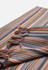 Geweven textiel met veelkleurige strepen in blauw, roze en bruin, met delicate franjes aan de randen voor extra textuur.