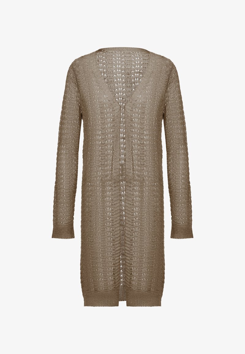 Lang, åben-front cardigan lavet af tekstureret, strikket materiale i en dæmpet brun farve med lange ærmer og V-hals design.