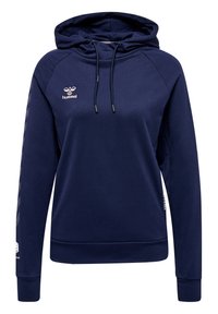 Navyblauer Kapuzenpullover mit einer Kordelzugkapuze, gerippten Bündchen und Saum. Enthält ein Logo auf der Brust und gemusterte Grafiken entlang der Ärmel.