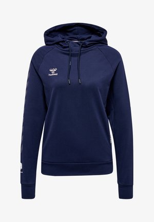 Hoodie bleu marine avec capuche à cordon de serrage, poignets et ourlet côtelés. Présente un logo sur la poitrine et des graphismes à motifs le long des manches.