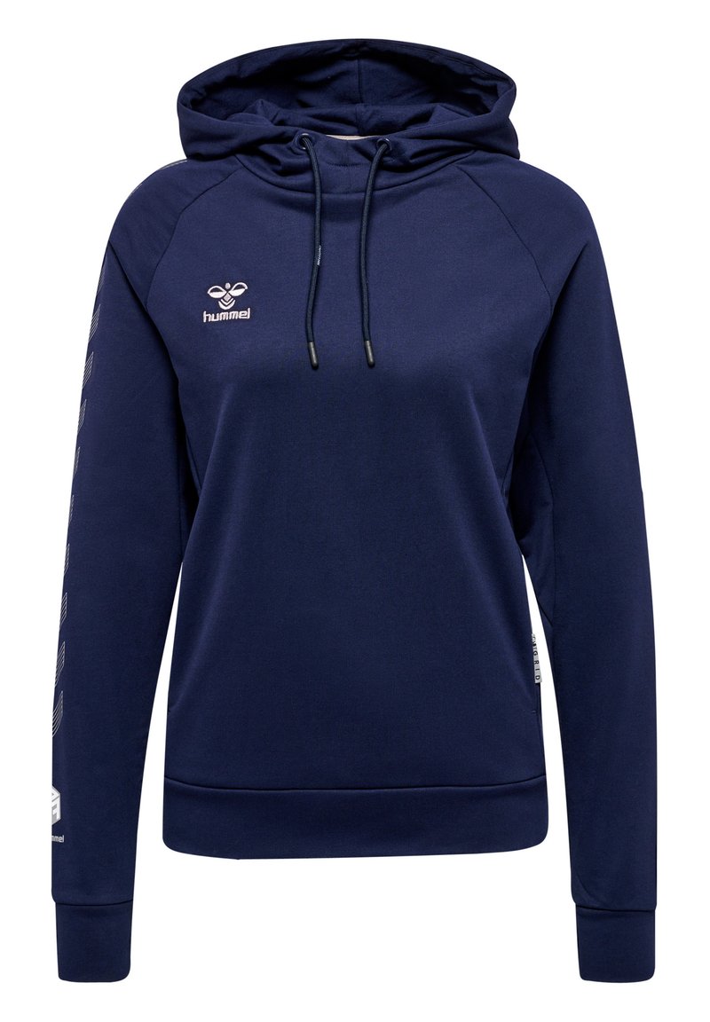 Navyblauer Kapuzenpullover mit einer Kordelzugkapuze, gerippten Bündchen und Saum. Enthält ein Logo auf der Brust und gemusterte Grafiken entlang der Ärmel.