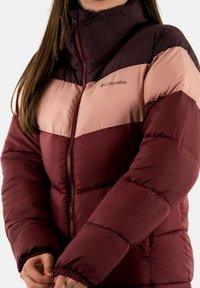 Giacca imbottita bordeaux e rosa con colletto alto, chiusura a zip e polsini elasticizzati. Blocco di colore notevole e logo Columbia sul petto.