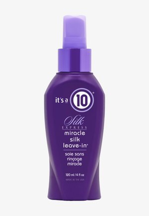 Fioletowa butelka produktu do włosów "it's a 10 Silk Express Miracle Silk Leave-In" z pompką, 120 ml, wyprodukowany w USA.