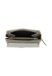 Compact wallet featuring a beige fabric exterior with a smooth white leather bottom. Dual zip compartments and interior card slots.