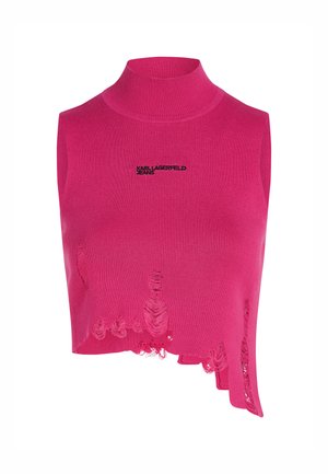 Rozā bez piedurknēm augstā apkakle, izgatavota no ribota dzijas, ar nolietojuma detaļām ap apakšējo malu un logo uz krūtīm.