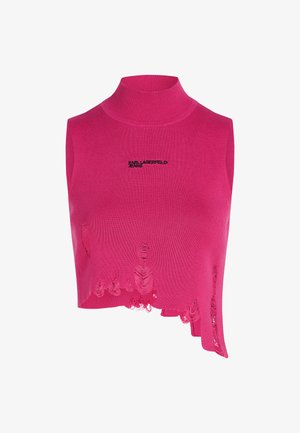 Ružičasti bezrukavni turtleneck top izrađen od rebrastog pletene tkanine, s oštećenim detaljima duž donjeg ruba i logotipom na prsima.