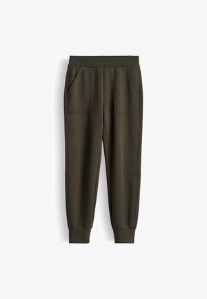 Donker olijfgroene taps toelopende joggingbroek met een elastische tailleband, opgestikte voorzakken en geribde boorden.