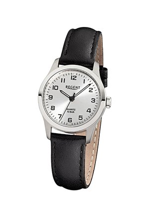 Runde silberne Zifferblatt-Armbanduhr mit schwarzem Lederarmband, schwarzen arabischen Ziffern und drei schwarzen Zeigern, die 10:08:36 anzeigen.