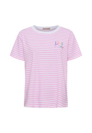 Hvid og lyserød stribet kortærmet t-shirt med flerfarvet "LOVE TODAY" tekst på venstre bryst.