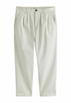 Világos bézs férfi nadrág elöl sliccel, oldalzsebekkel, övbújtatókkal, gombos záródással és egyenes szárú szabással.