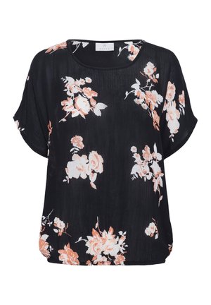 Schwarzes Kurzharmshirt mit floralen Mustern in Weiß und Pfirsichtönen. Leichtgewichtiges, leicht texturiertes Material mit lockerer Passform.