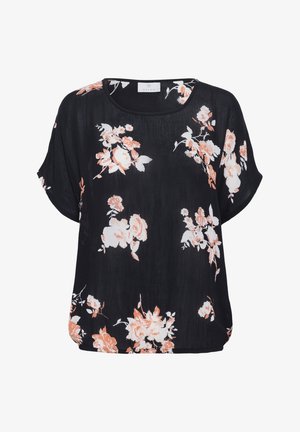 Black short-sleeve top featuring a floral pattern in white and peach tones. Lightweight, slightly textured fabric with a relaxed fit.