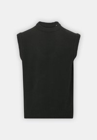 Black sleeveless knit top with a high neckline and ribbed hem. Made of soft material with a smooth texture and minimal design.