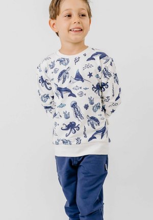 Junger Junge lächelt, trägt ein weißes Sweatshirt mit blauem Meeresbewohnerdruck und marineblaue Hose, steht vor einfachem Hintergrund.