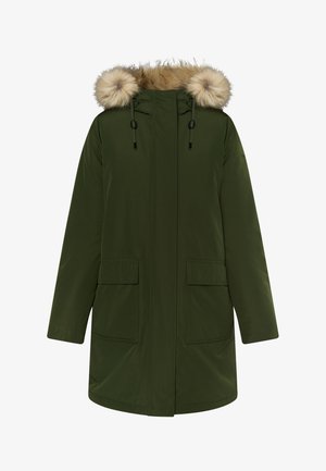 Jachetă parka verde cu glugă căptușită cu blană, șnur de strângere, două buzunare frontale și un croi drept. Textură netedă, material ușor.