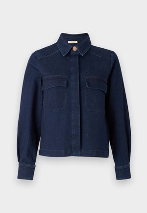 Navyblaue Jeansjacke mit spitzem Kragen, zwei frontalen Taschen und Knopfverschluss. Verfügt über lange Ärmel und eine strukturierte Passform.