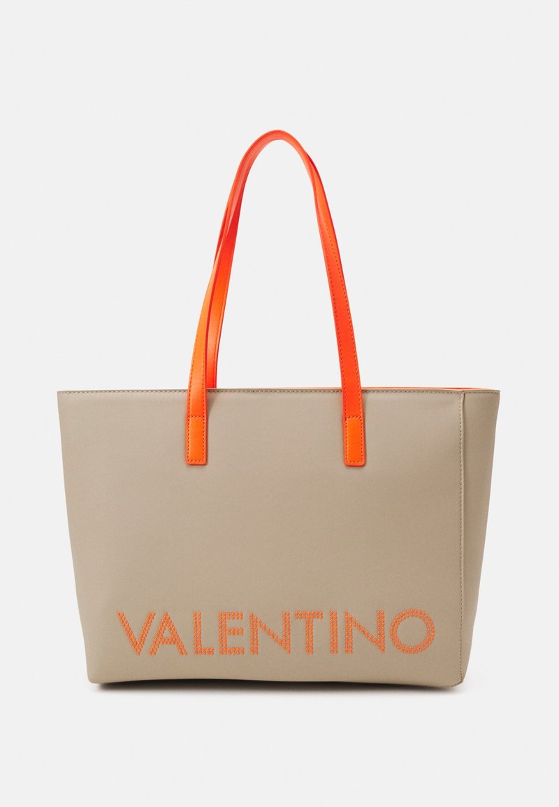 Beige tote bag with orange, glossy dual straps and an orange embroidered "VALENTINO" logo at the bottom front. Smooth texture.
