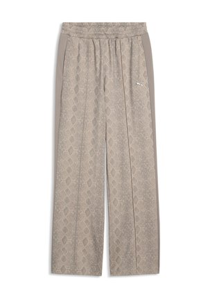 Beige bukser med vidde ben, elastisk talje, sidepaneler, et subtilt slangeprint og et lille Puma-logo på højre lår.