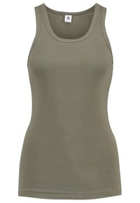 Top sin mangas de color verde oliva hecho de una suave mezcla de algodón, con un diseño clásico y un escote redondo. Sin patrones visibles.