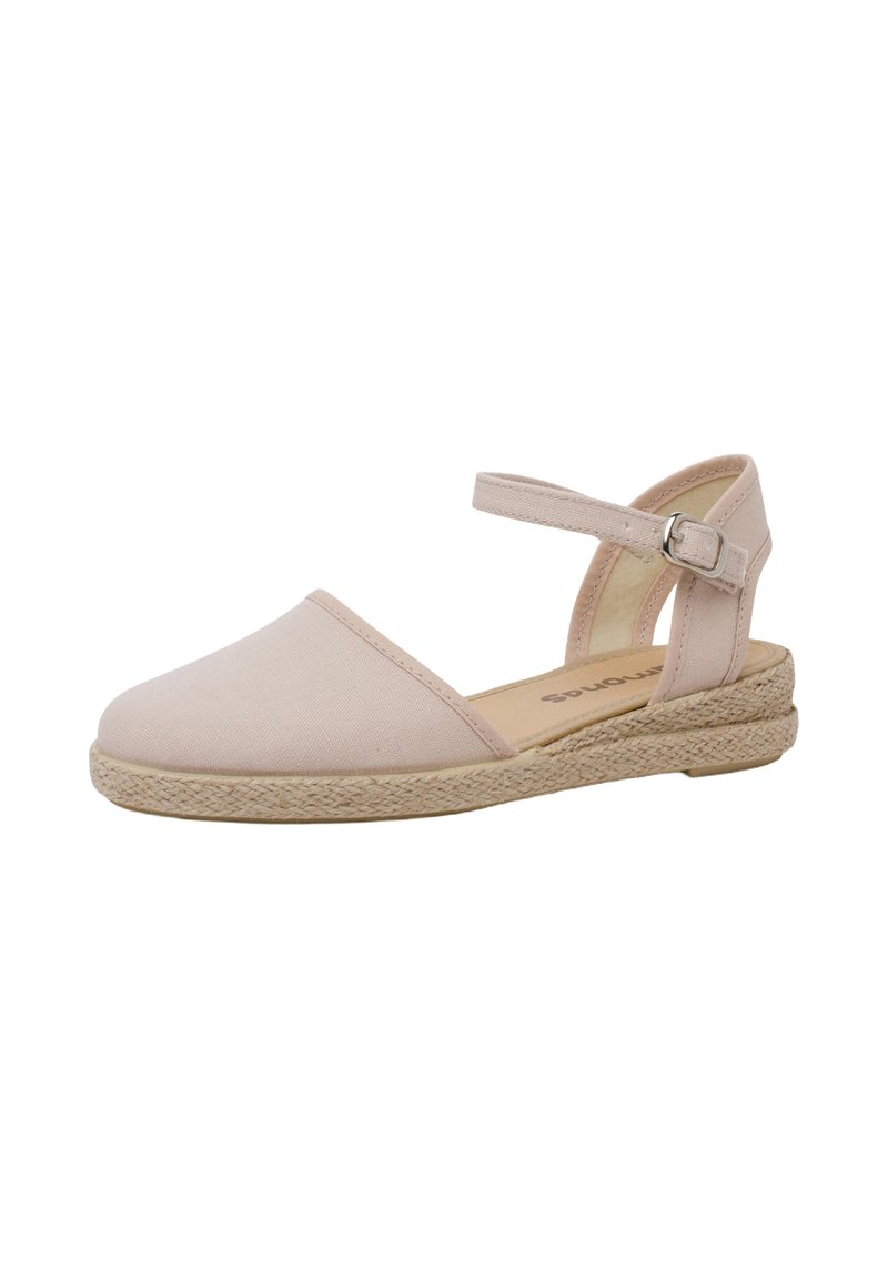 Espadrillas in tessuto rosa con punta chiusa, cinturino alla caviglia regolabile e suola in juta intrecciata. Texture liscia e design semplice.