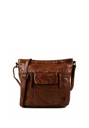 Borsa a tracolla in pelle marrone con tracolla regolabile, tasca frontale con cerniera, tasca con patta e piccolo logo in rilievo in basso a destra.