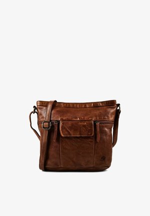 Borsa a tracolla in pelle marrone con tracolla regolabile, tasca frontale con cerniera, tasca con patta e piccolo logo in rilievo in basso a destra.