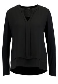 Blouse noire à manches longues avec un col en V, détail plissé à l'avant et ourlet superposé, fabriquée en tissu lisse et léger.