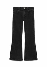 Svarta utsvängda jeans i denim med hög midja, fem fickor, sömnadsdetaljer och knappstängning. Slät textur.