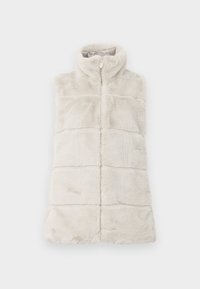 Lichtbeige nepbont vest met een staande kraag, een volledige rits aan de voorkant en horizontale naaddetails over het lichaam voor textuur.