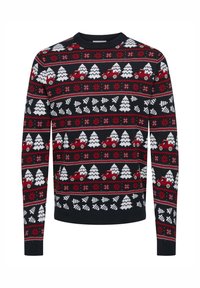 Pullover lavorato a maglia caratterizzato da uno sfondo nero con alberi bianchi, camion rossi e motivi di fiocchi di neve in rosso e bianco. Collo rotondo, maniche lunghe.