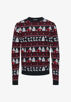Pull en tricot avec un fond noir orné d'arbres blancs, de camions rouges et de motifs de flocons de neige en rouge et blanc. Encolure ras du cou, manches longues.