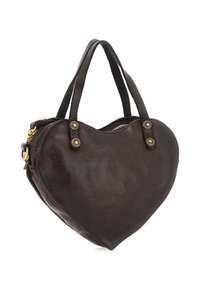 Borsa in pelle marrone scuro a forma di cuore con due manici e dettagli in metallo dorato per il bottone e la cerniera.