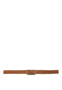 Woven leather belt in brown with a silver-tone metal buckle. Features a braided design and a flat, smooth texture. Suitable for various sizes.