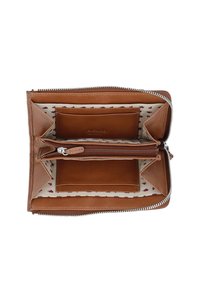 Brown leather wallet with a zip closure, featuring multiple card slots and a central zippered compartment, lined with a patterned interior.