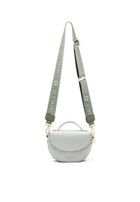 Grijze leren handtas met een gebogen silhouet en handvat aan de bovenkant. Voorzien van een decoratieve groene strap met de tekst "HEY MARLY" en gouden hardware accenten.