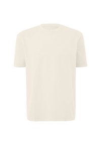 T-shirt z krótkim rękawem, okrągłym dekoltem w odcieniu off-white, wykonany z bawełny, o gładkiej teksturze i luźnym kroju, bez widocznych wzorów czy akcentów.