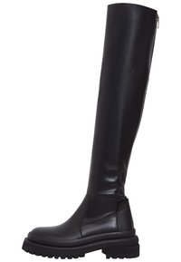 Black knee-high boots made of smooth leather with a chunky rubber sole and side zipper. Features sleek silhouette and minimalistic design.