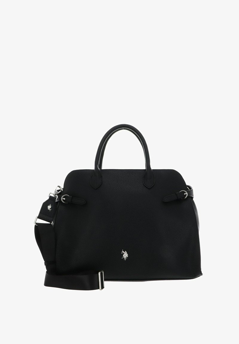 Sac à main en cuir noir à finition texturée, avec poignées arrondies, bandoulière amovible et détails en métal argenté. Comprend un accent logo.