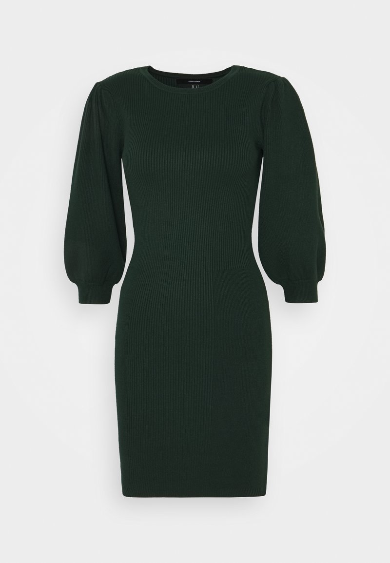 Strickkleid in Dunkelgrün mit taillierter Silhouette, rundem Ausschnitt und puffärmeln. Besitzt eine gerippte Textur und einen knielangen Schnitt.
