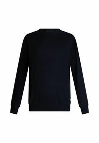 Maglione lavorato a maglia di un blu petrolio scuro, con maniche lunghe, scollo a girocollo e polsini a costine. Texture morbida; design minimalista senza motivi o dettagli visibili.