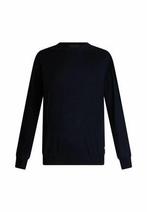 Tamno plavi pleteni pulover s dugim rukavima, okruglim izrezom i rebrastim manžetama. Mekana tekstura; minimalistički dizajn bez vidljivih uzoraka ili akcenta.