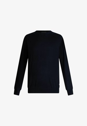 Tume mere kudumisega sviiter pikade varrukatega, ümar kaelus ja soonikäärtega. Pehme tekstuur; minimalistik disain ilma nähtavate mustrite või aktsentideta.