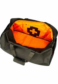 Sac de sport en tissu noir avec intérieur orange. Il présente une grande ouverture, deux poignées et une poche zippée à l'arrière.