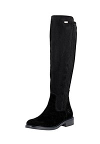 Schwarze knielange Stiefel aus weichem Wildleder, mit einem eleganten Design, abgerundeter Spitze und minimaler Nahtführung, sowie einer glatten schwarzen Gummisohle.