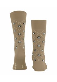Beżowe skarpetki z rypsowym brzegiem, ozdobione diamentowym wzorem oraz małymi motywami aparatów w czerni i bieli. Wykonane z gładkiego, elastycznego materiału.