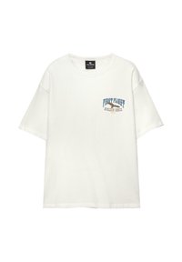 Weißes Baumwoll-T-Shirt mit kurzen Ärmeln, das ein blaues und braunes Druckdesign auf der Vorderseite zeigt, das "FIRST FLIGHT HORIZON CHECK 1991" liest.