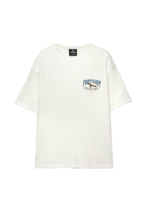 Weißes Baumwoll-T-Shirt mit kurzen Ärmeln, das ein blaues und braunes Druckdesign auf der Vorderseite zeigt, das "FIRST FLIGHT HORIZON CHECK 1991" liest.